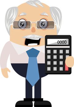 Old man with calculator, illustration, vector on white background.