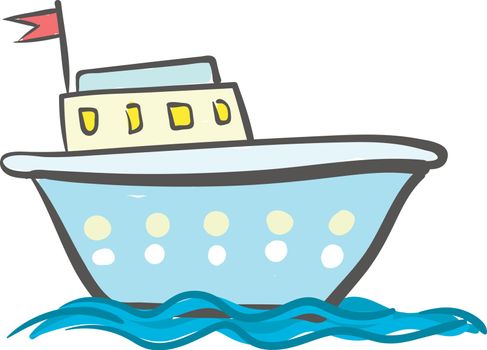 A blue ship with visible windows and red flag is sailing vector color drawing or illustration 