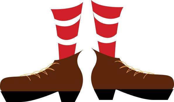 A pair of legs wearing a red and white striped socks and brown boots with yellow laces vector color drawing or illustration