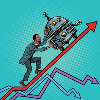 Robotization and technical revolution concept. Businessman pushes up the robot. Growth charts. Pop art retro vector illustration vintage kitsch