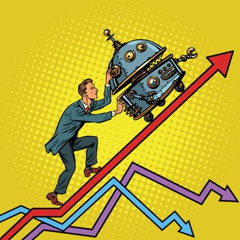 Robotization and technical revolution concept. Businessman pushes up the robot. Growth charts. Pop art retro vector illustration vintage kitsch