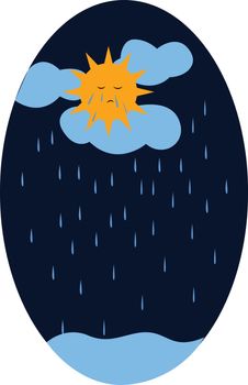 Sad sun on a rainy and gloomy day vector color drawing or illustration 