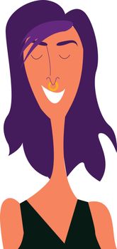 A skinny girl in black costume and eyes closed is with purple lilac hair that symbolizes first love vector color drawing or illustration 