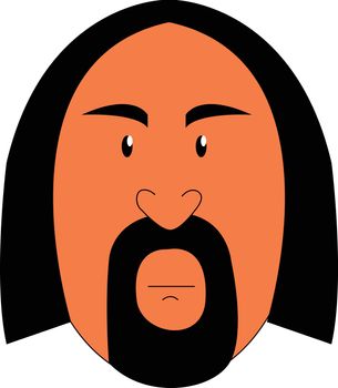 A man with long hair and a stylish beard has a heart-shaped nose and thick eyebrows and gives a strange look vector color drawing or illustration 