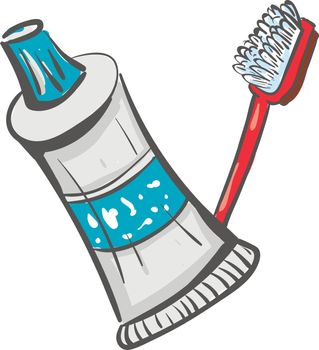 A red toothbrush and toothpaste with a blue-colored screw cap and a horizontal flat blue colored band at the center of the white colored body vector color drawing or illustration 
