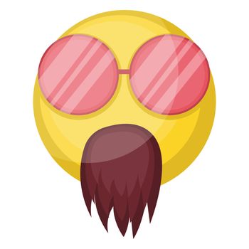 Hippie yellow emoji face with sunglasses and beard vector illustration on a white background