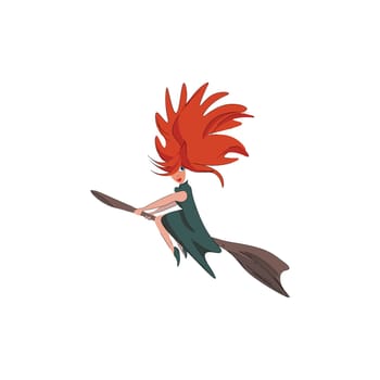 A scary witch with sharp dense orange hair flying on a broomstick vector color drawing or illustration