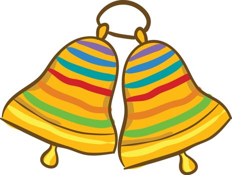 Painting of two ringing golden bells with multi-colored bands design hung together and are on the same metallic loop  vector  color drawing or illustration