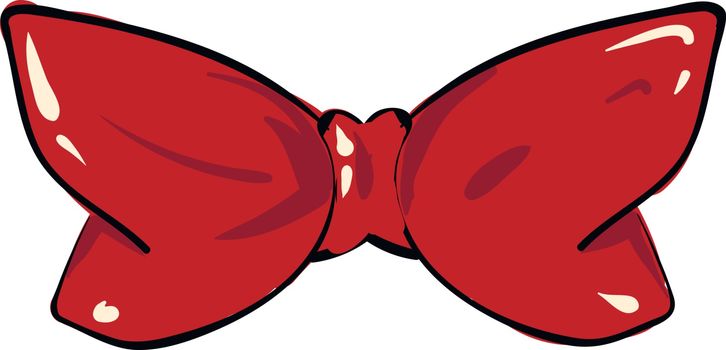 Clipart of a red string bow tie with two black spheres as eyes and a heart symbol connecting the two butterfly-shaped fabric ribbons  vector  color drawing or illustration