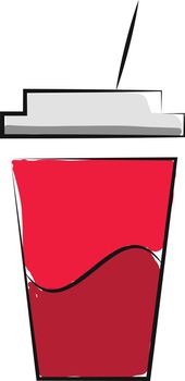 A cup of juice in a red-colored disposable plastic red party cup with white-colored lid and straw  vector  color drawing or illustration