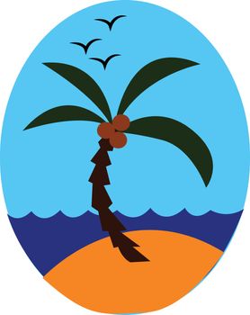 Sea with a palm tree having a crown of very long feathered or fan-shaped leaves bearing few coconuts above the land and few birds flying high up the sky  vector  color drawing or illustration