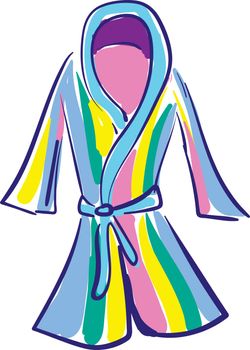Clipart of a showcase multi-colored bathrobe with the blue belt loop at waist sides  contrast paneled piping and stitched detailing over the white background  vector  color drawing or illustration