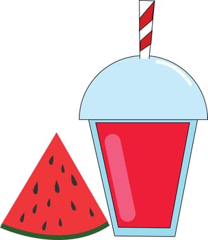 A cup of watermelon juice in a red-colored disposable plastic red party cup with white-colored dome-shaped lid  vector  color drawing or illustration