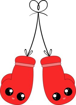 A pair of bright boxing gloves in red colour with a smiley , vector, color drawing or illustration.