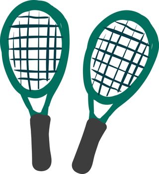 A pair of flat green tennis bat which are flat , vector, color drawing or illustration.