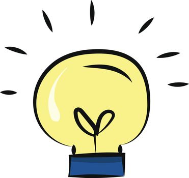A yellow light bulb with black-colored contact wires, tow eyes, and a blue metal base or electric foot emits yellow light, over a white background, vector, color drawing or illustration.
