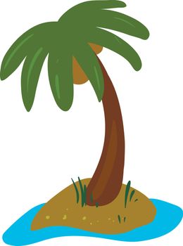 A palm tree has a crown of very long feathered or fan-shaped leaves bearing few coconuts grown along with some shrubs above the land surrounding water, vector, color drawing or illustration.