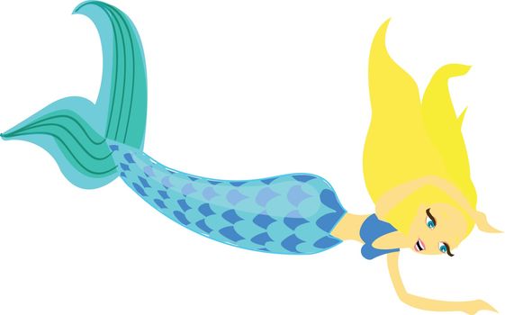 Blue-tailed bra-wearing woman mermaid in her long flowing yellow hair surprisingly looks while swimming over white background viewed from the side, vector, color drawing or illustration. 