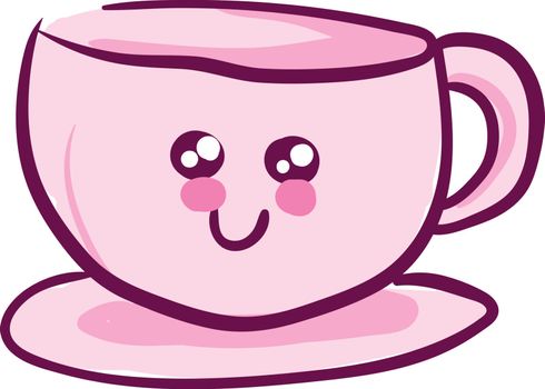 Pink cute cup with a handle, sparkling eyes, sweet smile, vector, color drawing or illustration. 