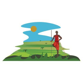 Tall Maasai warrior wearing traditional clothes with spear in hand standing on the grasslands, vector, color drawing or illustration. 