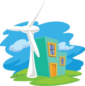 Vector illustration of wind turbine next to a residential building, renewable energy resource.