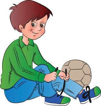 Vector illustration of boy tying shoelace next to football.