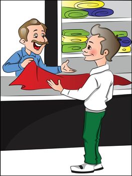 Vector illustration of clothes shopkeeper helping customer to choose clothes.