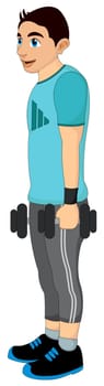 Exercising, man holding dumbells, vector illustration