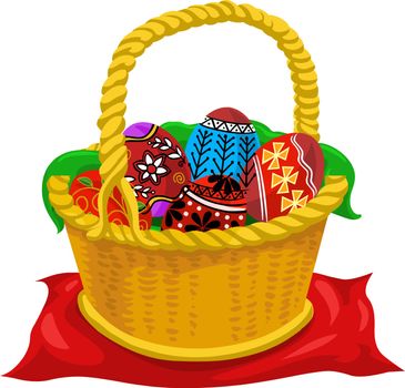 Easter eggs, yellow basket, colorful, vector illustration