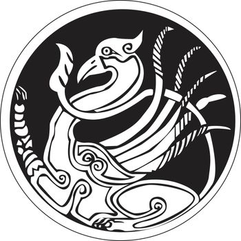 A druidic astronomical symbol of a phoenix bird, in a circle pattern artwork, isolated against a white background