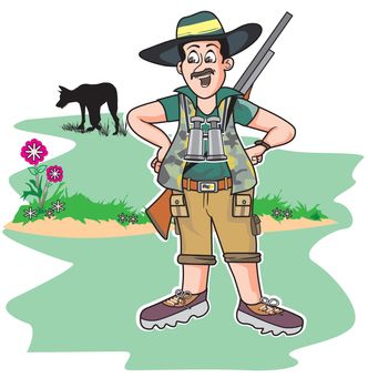 Safari hunter, standing with a gun and a wolf in the background, vector illustration