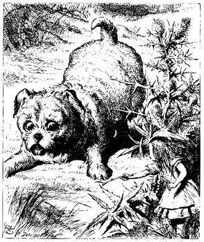 Alice in Wonderland old engraving. Alice showing a stick to an enormous puppy or dog: Alice's Adventures in Wonderland. Illustration from John Tenniel, published in 1865.
