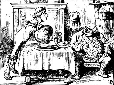 Alice in Wonderland old engraving. Father William eating in his house.: Alice's Adventures in Wonderland. Illustration from John Tenniel, published in 1865.