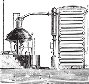 Apparatus for the concentration of beet juice, vintage engraved illustration.
