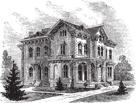 Suburban residence in the Italian style, vintage engraved illustration.
