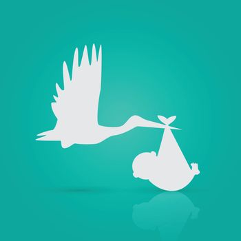 Illustration of a stork and baby on a colorful background.