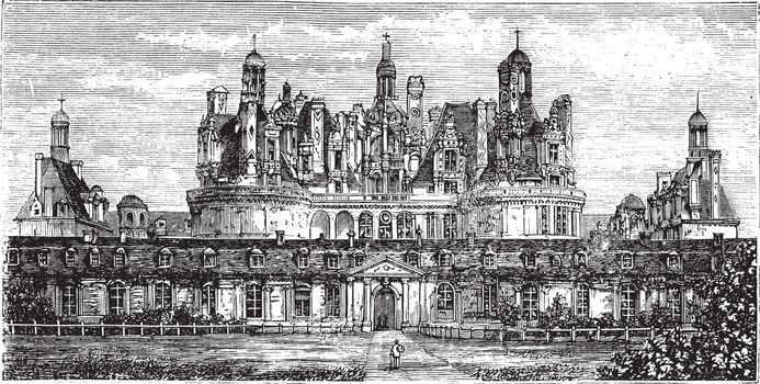 Chateau de Chambord, Loire Valley, France vintage engraving. Old engraved illustration of the Royal Chateau de Chambord, 1800s.