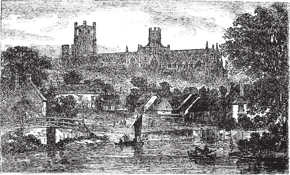 Ely Cathedral in Cambridgeshire, England, United Kingdom, during the 1890s, vintage engraving. Old engraved illustration of Ely Cathedral.