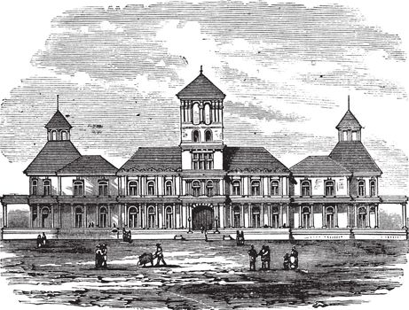 Honolulu government building in Hawaii, America, during the 1890s, vintage engraving. Old engraved illustration of Honolulu government building with people in front.