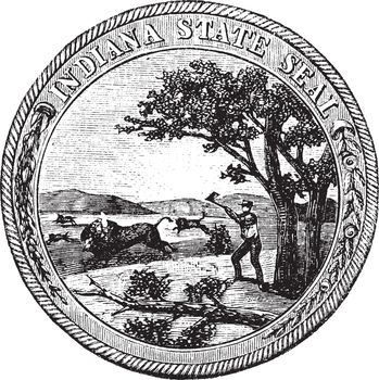 Seal of the State of Indiana , USA, vintage engraving. Old engraved illustration of Seal of the State of Indiana isolated on a white background. 