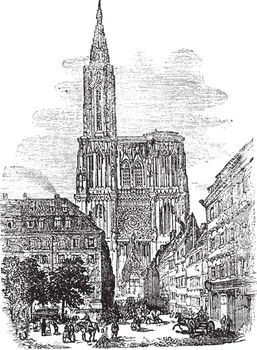Strasbourg Cathedral or Cathedral of Our Lady of Strasbourg in Strasbourg, France, during the 1890s, vintage engraving. Old engraved illustration of Strasbourg Cathedral with people in front.