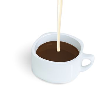 Pouring condensed milk into coffee or coco drink in white cup isolated on whit background.