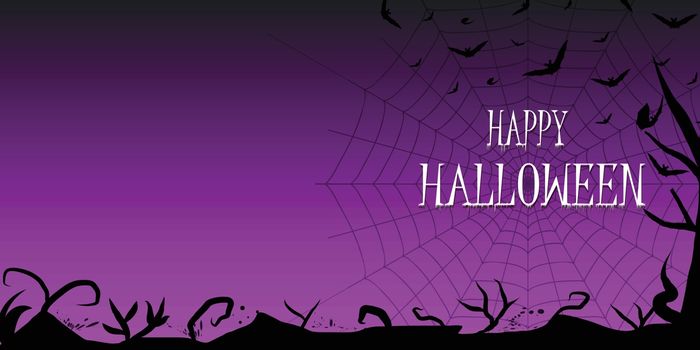 Happy Halloween card or banner design with black branch, tree silhouette frame. Purple dark gradient, cobweb, bat, in the background. White text with effects, on the right side.