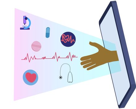 Doctor's hand offering medical help, medication through the phone screen giving cure to patient. Tele and online medicine concept. Vector illustration on white background.