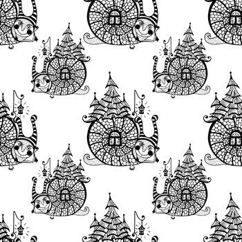 seamless pattern with fun snail with a house on its back. black and white. vector