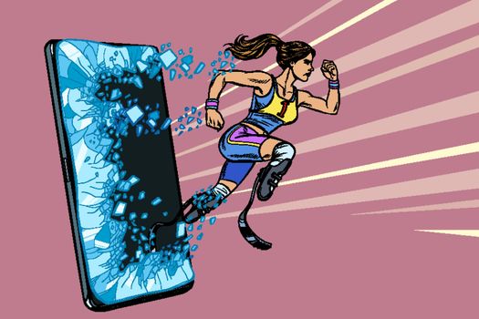 woman runner disabled leg with prosthesis Phone gadget smartphone. Online Internet application service program. Pop art retro vector illustration drawing vintage kitsch
