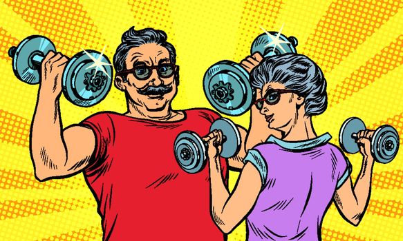 an elderly man and woman grandma grandpa retired in sports, fitness dumbbell. Pop art retro vector illustration drawing vintage kitsch