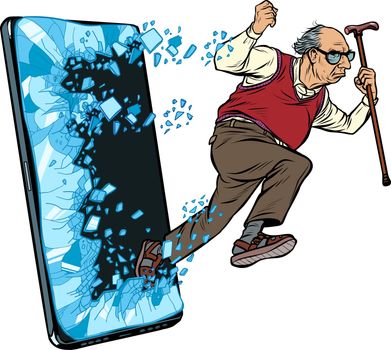old man retired grandfather Phone gadget smartphone. Online Internet application service program. Pop art retro vector illustration drawing vintage kitsch