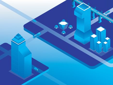 Smart city illustration with isometric skyscrapers on shiny blue landscape.