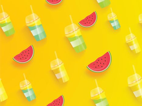Disposable cup with watermelon illustration decorated on yellow background. Can be used as banner or poster design.